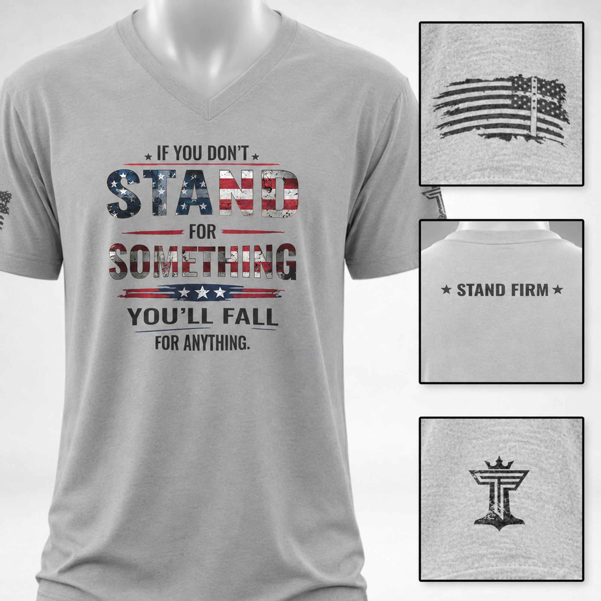 Silver v-neck patriotic shirt with distressed American flag typography, sleeve flag detail, Stand Firm back print, and Triumph by Faith emblem.