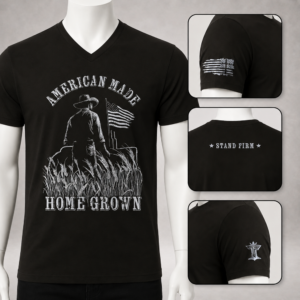Black v-neck farmer t-shirt with American Made Homegrown graphic and sleeve details