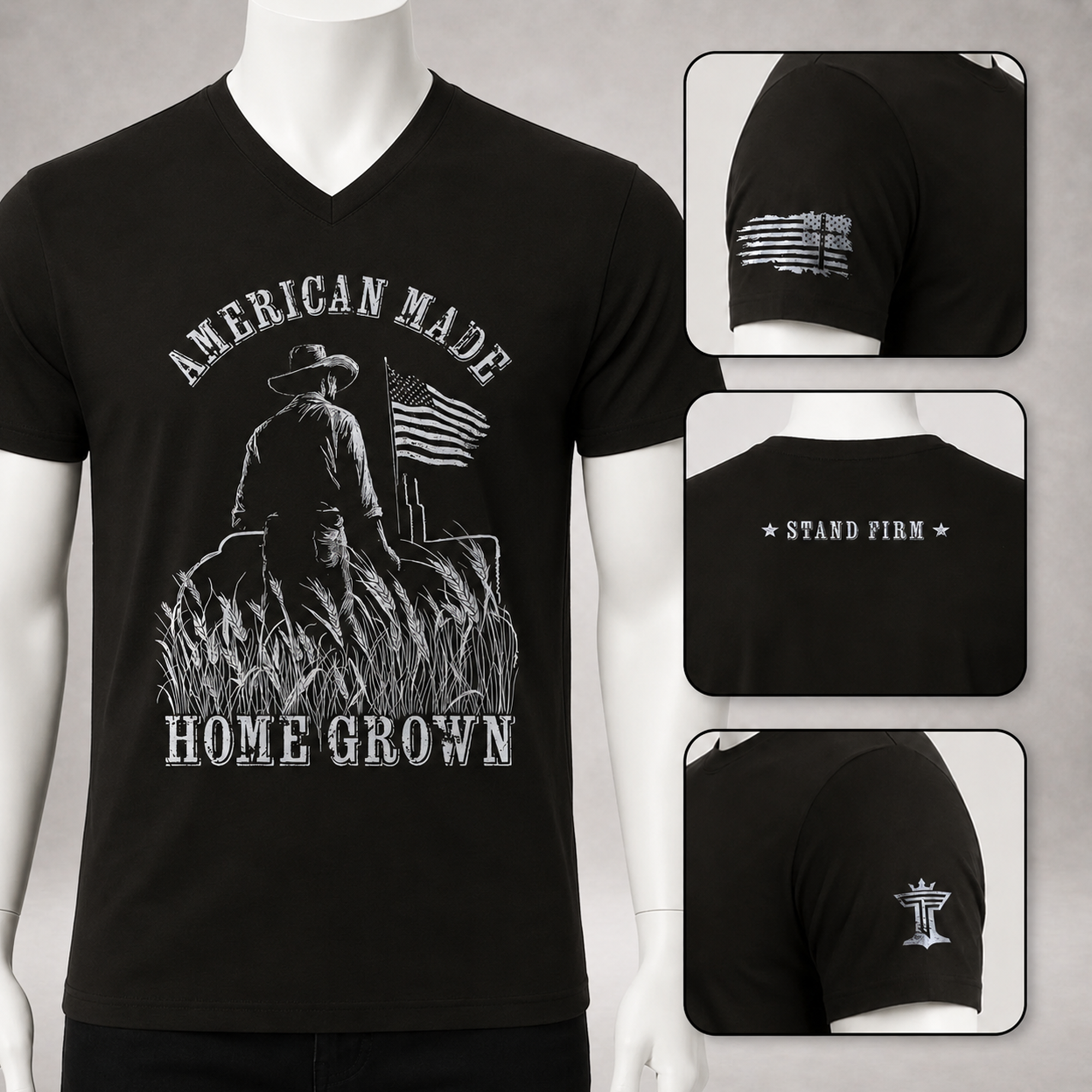 Black v-neck farmer t-shirt with American Made Homegrown graphic and sleeve details