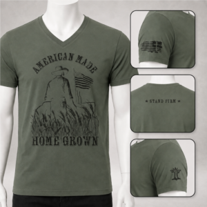 Military green v-neck farmer t-shirt with American Made Homegrown design and sleeve prints