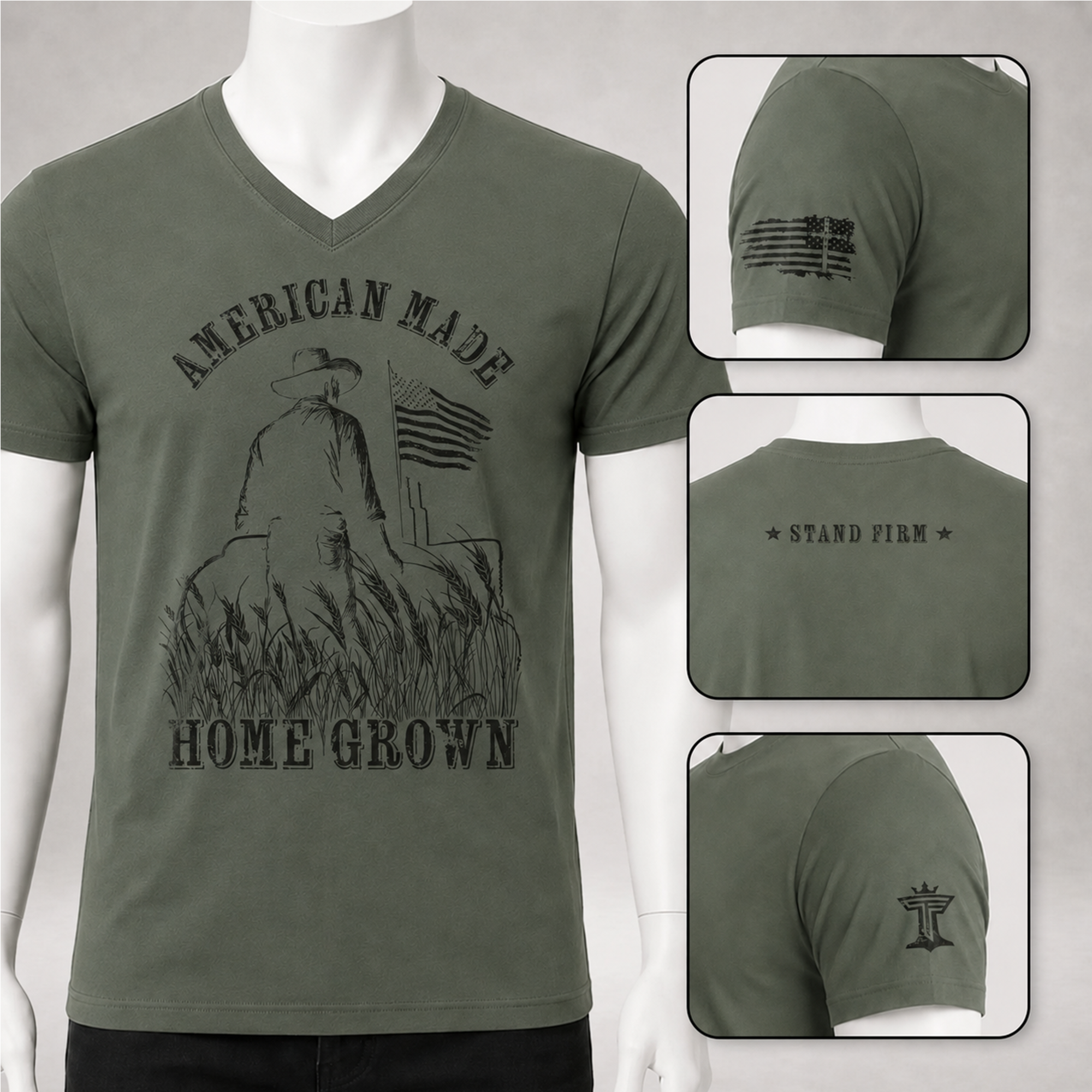 Military green v-neck farmer t-shirt with American Made Homegrown design and sleeve prints