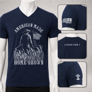 Navy v-neck farmer t-shirt with white American Made Homegrown graphic and patriotic details