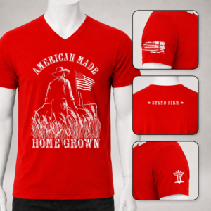 Red v-neck farmer t-shirt with white American Made Homegrown graphic and sleeve details