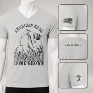 Silver v-neck farmer t-shirt with black American Made Homegrown graphic and sleeve details