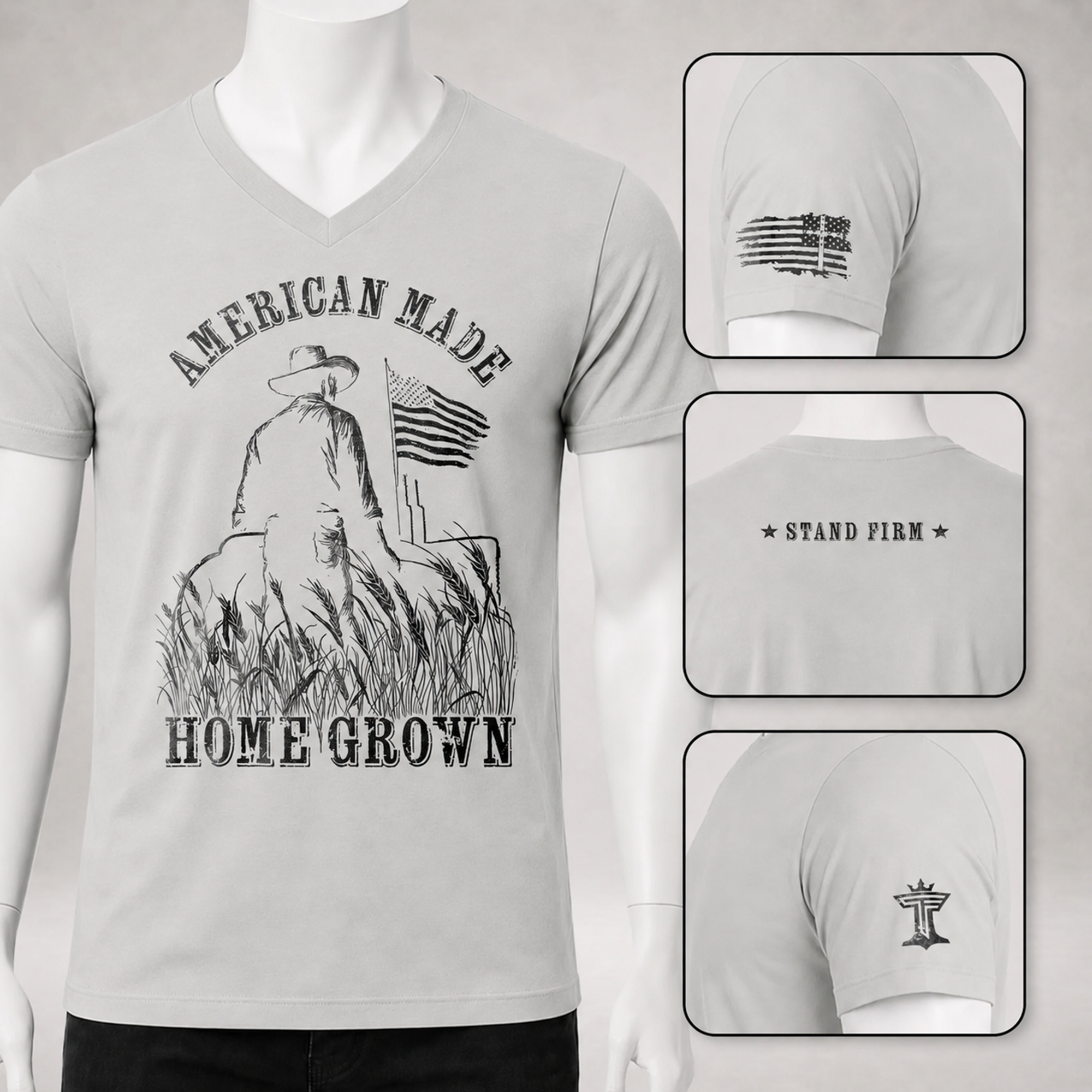 Silver v-neck farmer t-shirt with black American Made Homegrown graphic and sleeve details