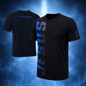 "Jesus, Power in His Name " Blue-toned large vertical graphic and back color design.