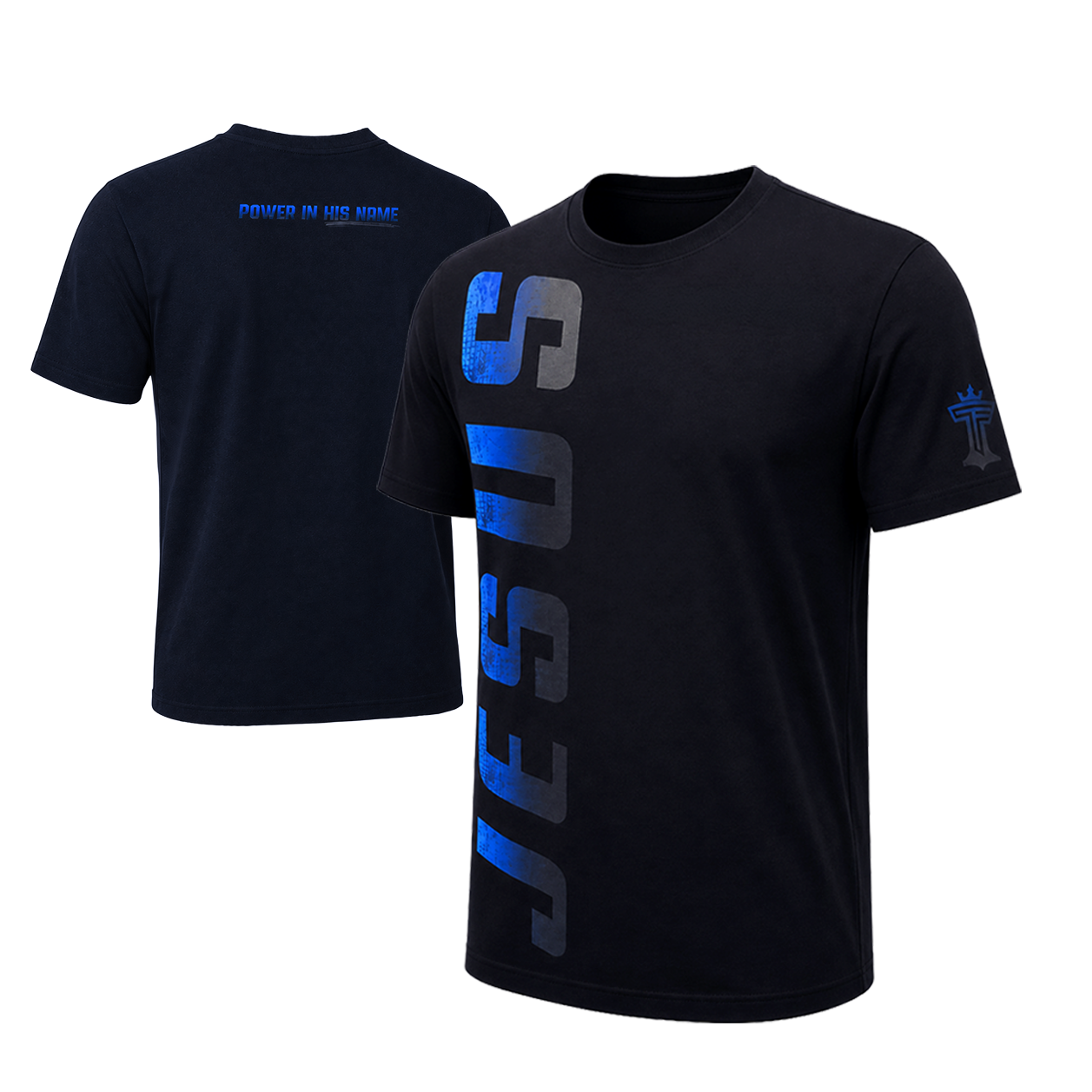 "Jesus, Power in His Name " Blue-toned large vertical graphic and back color design.