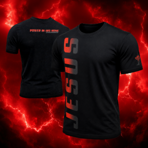 "Jesus, Power in His Name " Red-toned large vertical graphic and back color design.