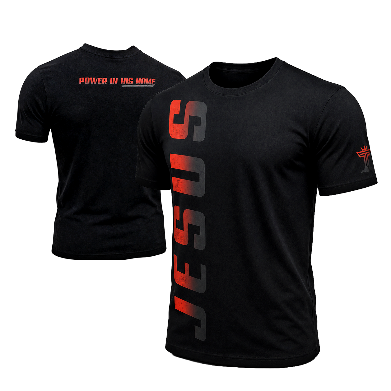 "Jesus, Power in His Name " Red-toned large vertical graphic and back color design.