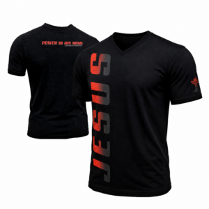 Red vertical Jesus v-neck t-shirt mockup with front, back, and sleeve details on white background