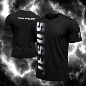"Jesus, Power in His Name " White-toned large vertical graphic and back color design.
