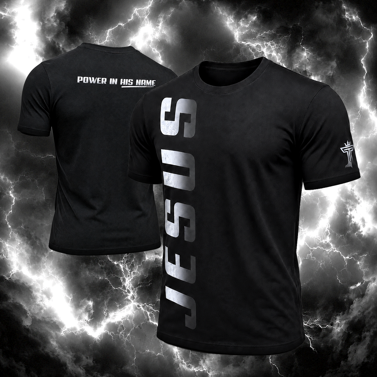 "Jesus, Power in His Name " White-toned large vertical graphic and back color design.
