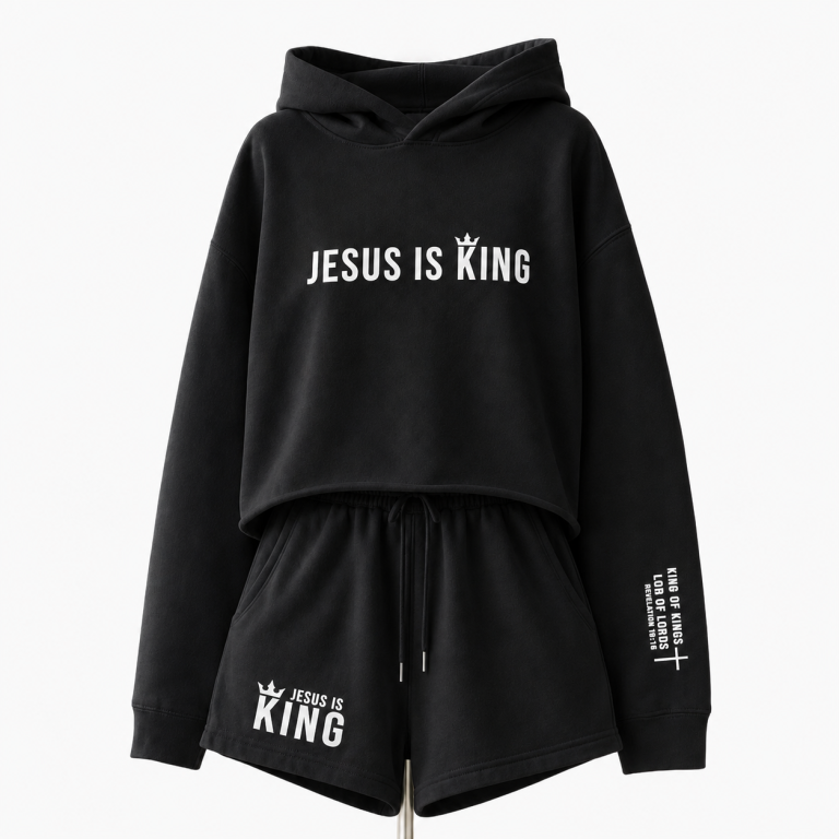 Black Jesus Is King Set with cropped hoodie, matching shorts, sleeve scripture print, and shorts graphic