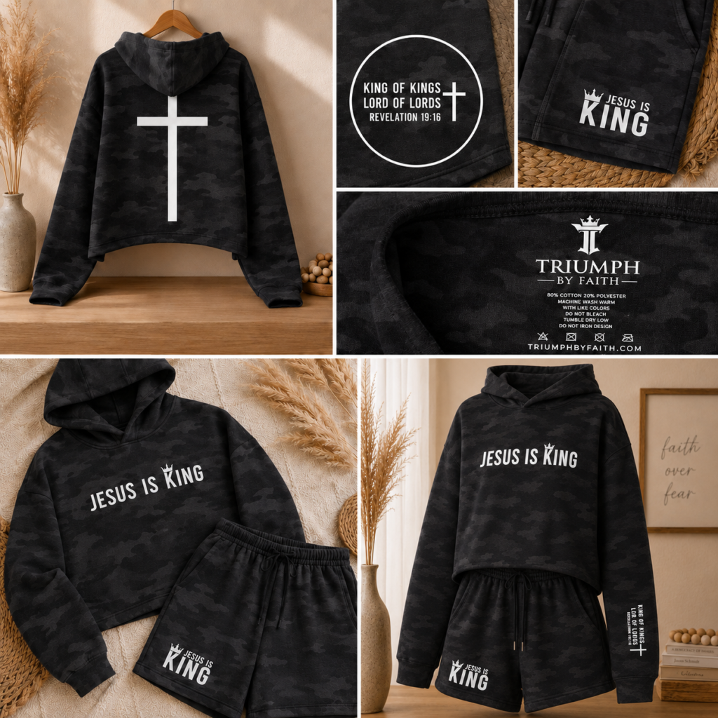 Black camo Jesus Is King Set collage showing hoodie, shorts, back cross, sleeve scripture, and product details