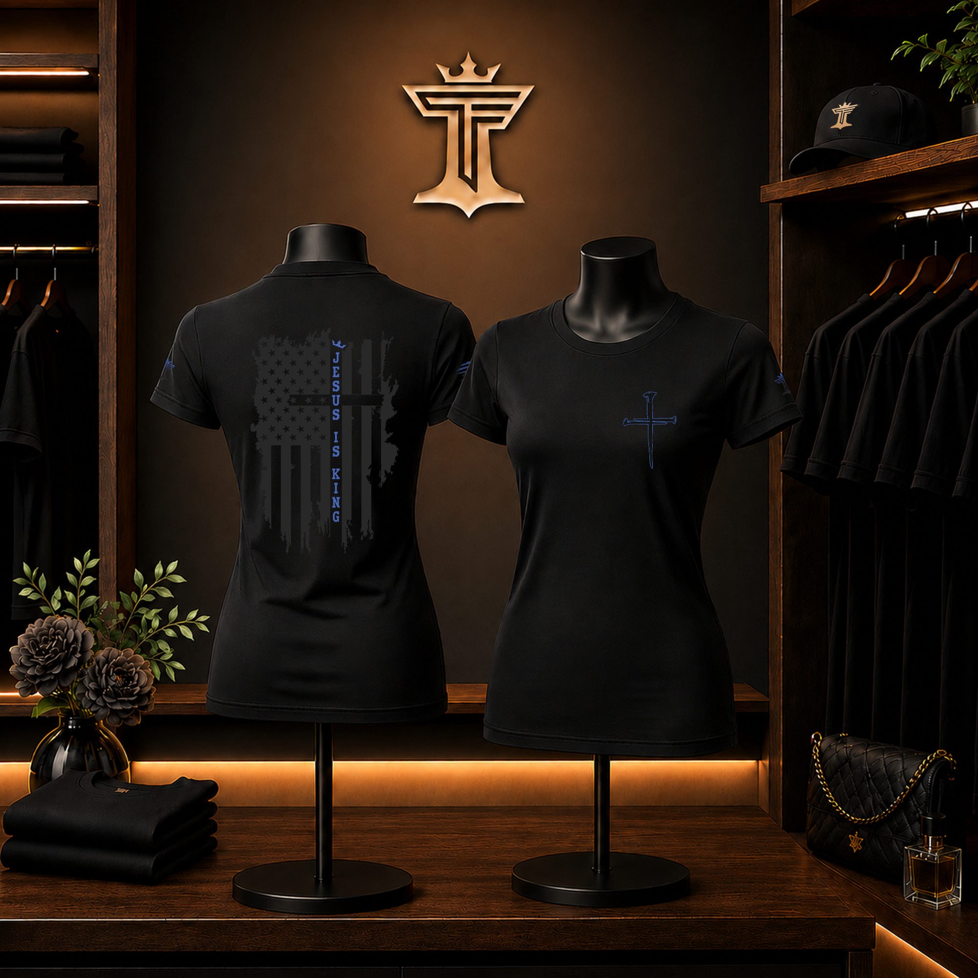 Women’s blue on black Jesus is King shirt mockup with distressed flag back design, blue cross front print, and boutique display setting.