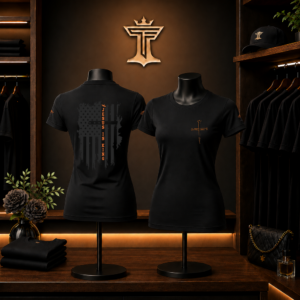 Women’s orange on black Jesus is King shirt mockup with distressed flag back design, orange cross front print, and boutique display setting.