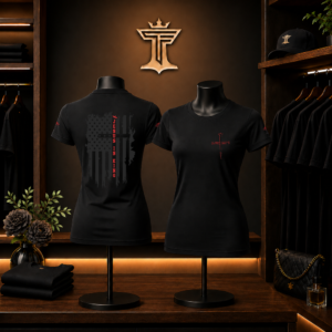 Women’s red on black Jesus is King shirt mockup with distressed flag back design, red cross front print, and boutique display setting.