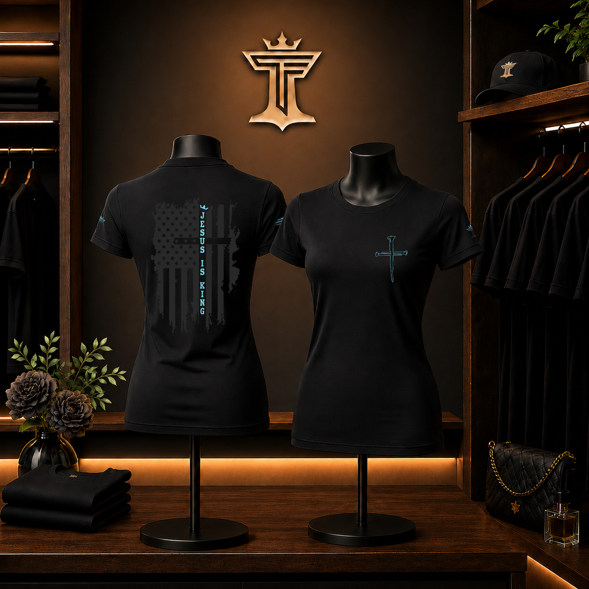 Women’s teal on black Jesus is King shirt mockup with distressed flag back design, teal cross front print, and boutique display setting.