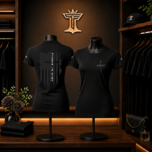 Women’s white on black Jesus is King shirt mockup with distressed flag back design, white cross front print, and boutique display setting.
