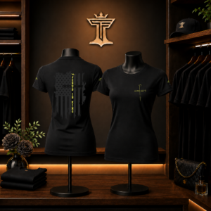 Women’s black Jesus is King shirt mockup with distressed flag back design, yellow cross front print, and boutique display setting.
