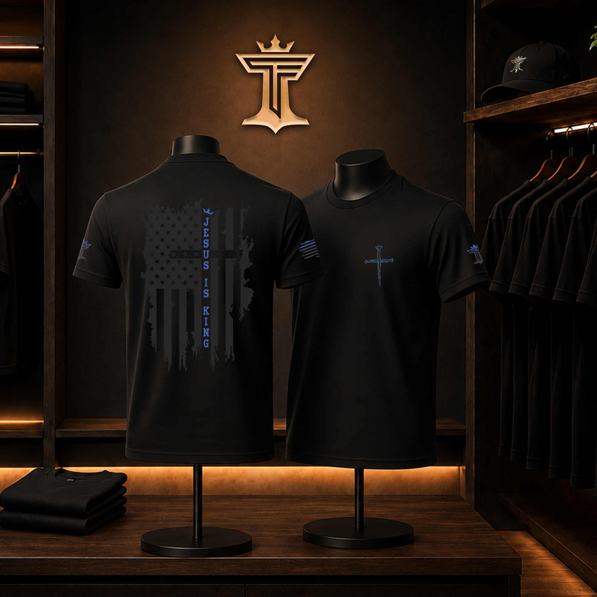 Black Jesus is King shirt mockup with distressed American flag back design and blue vertical lettering in a dark boutique display.