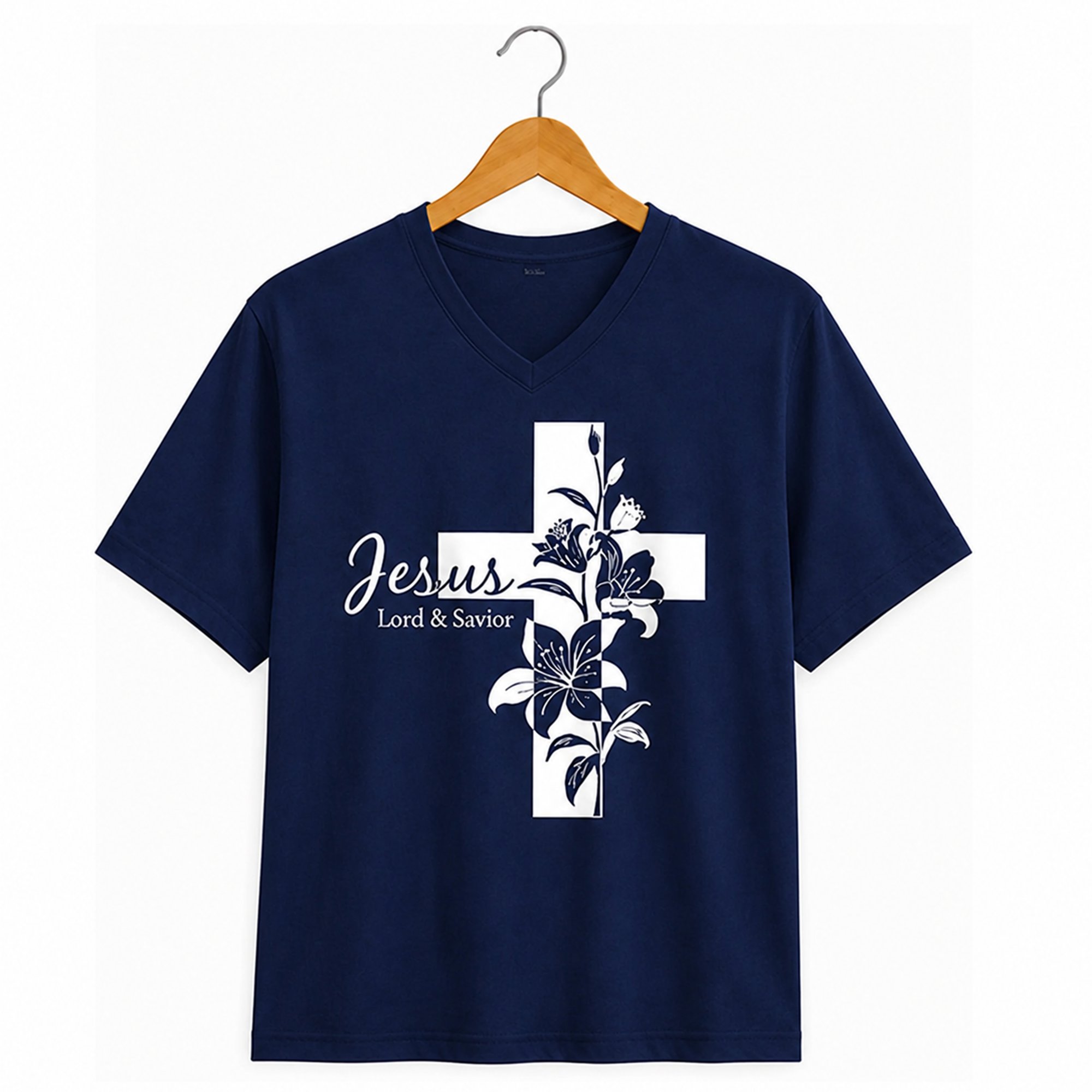 Jesus Lily Cross white floral cross design on a navy v-neck t-shirt hanging on a wooden hanger.