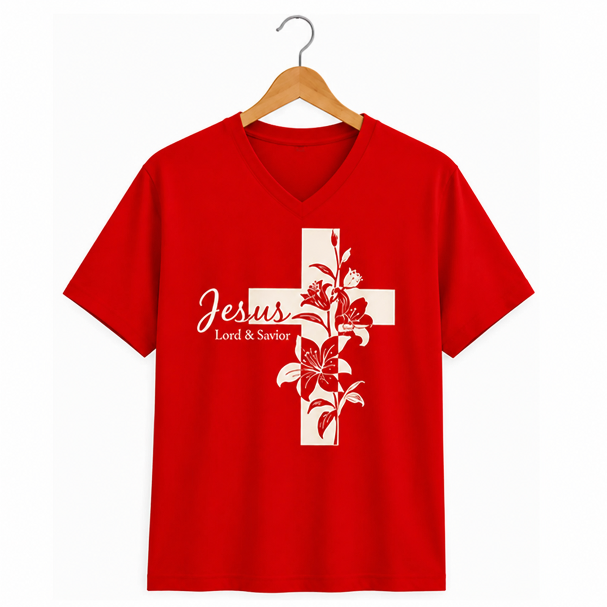 Jesus Lily Cross cream floral cross design on a poppy red v-neck t-shirt hanging on a wooden hanger.
