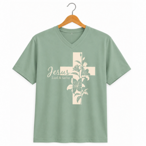 Jesus Lily Cross cream floral cross design on a sage green v-neck t-shirt hanging on a wooden hanger.