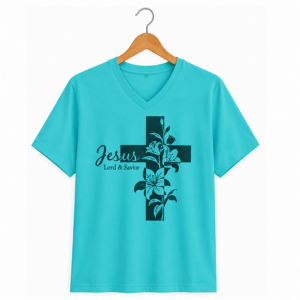 Jesus Lily Cross dark floral cross design on a teal v-neck t-shirt hanging on a wooden hanger.