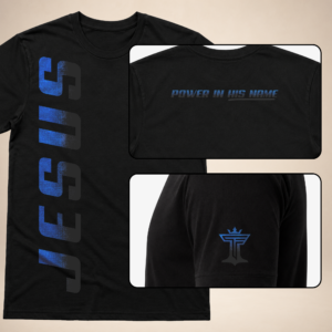 Jesus Vertical Mens black graphic tee with blue vertical JESUS print, back neck text, and sleeve logo.