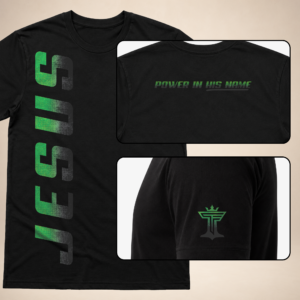 Jesus Vertical Mens black graphic tee with green vertical JESUS print, back neck text, and sleeve logo.