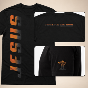 Jesus Vertical Mens black graphic tee with orange vertical JESUS print, back neck text, and sleeve logo.