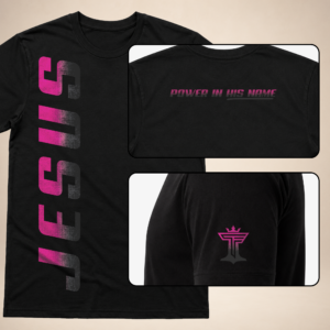 Jesus Vertical Mens black graphic tee with pink vertical JESUS print, back neck text, and sleeve logo.