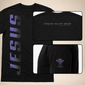 Jesus Vertical Mens black graphic tee with purple vertical JESUS print, back neck text, and sleeve logo.