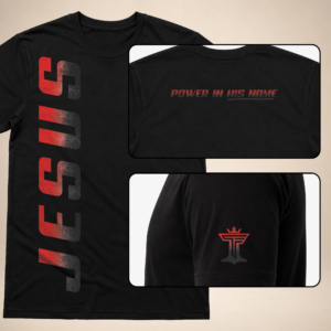 Jesus Vertical Mens black graphic tee with red vertical JESUS print, back neck text, and sleeve logo.