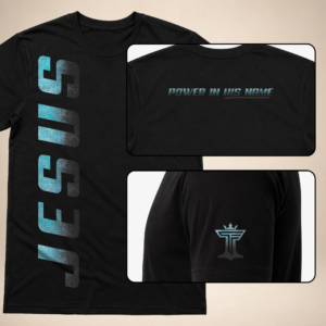 Jesus Vertical Mens black graphic tee with teal vertical JESUS print, back neck text, and sleeve logo.