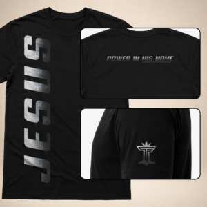 Jesus Vertical Mens black graphic tee with white vertical JESUS print, back neck text, and sleeve logo.