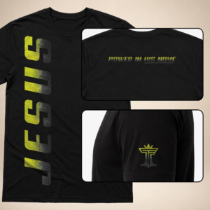 Jesus Vertical Mens black graphic tee with yellow vertical JESUS print, back neck text, and sleeve logo.