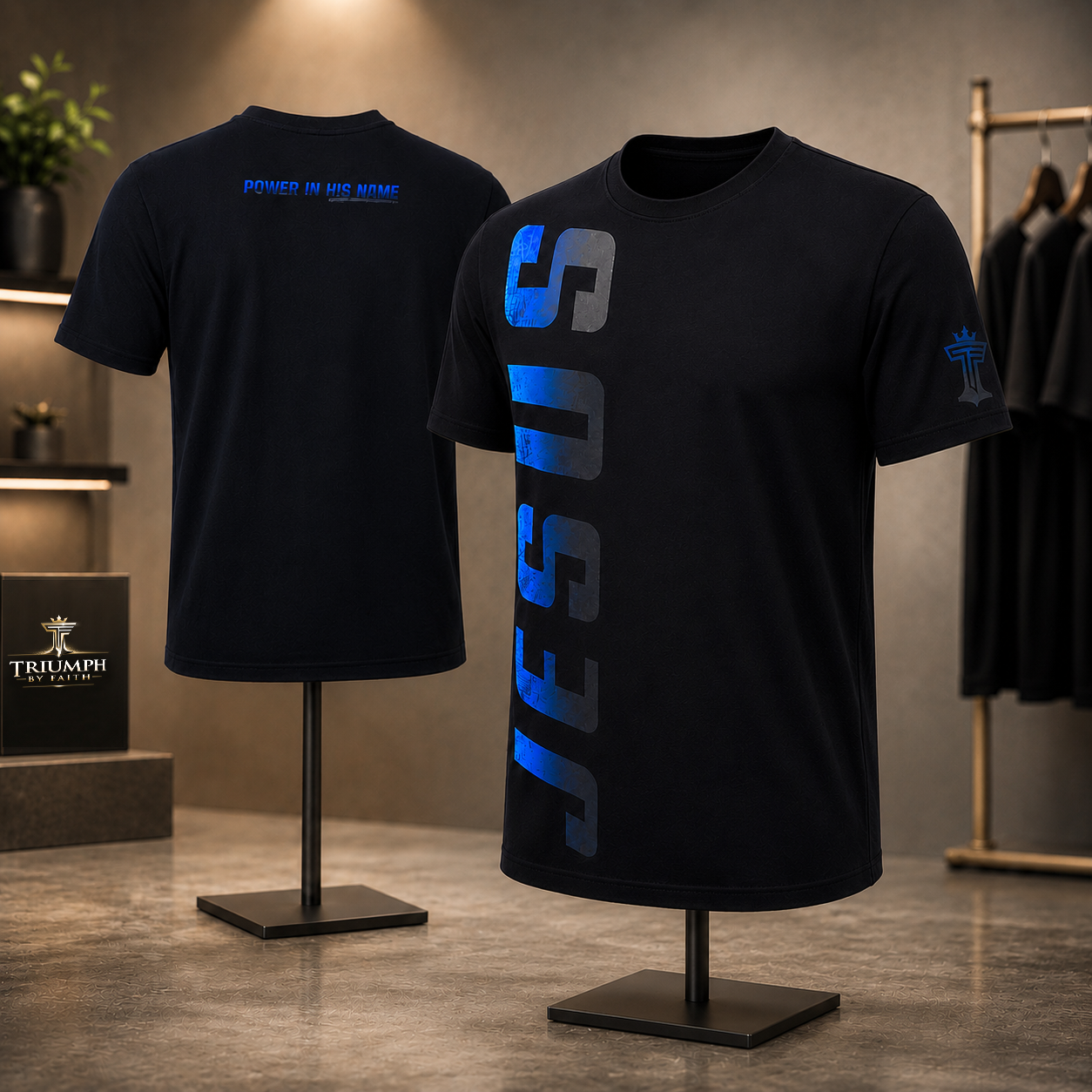 Blue vertical Jesus t-shirt displayed on masculine mannequins with Power in His Name back detail