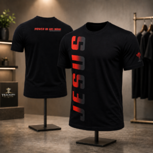 Red vertical Jesus t-shirt displayed on masculine mannequins with Power in His Name back detail