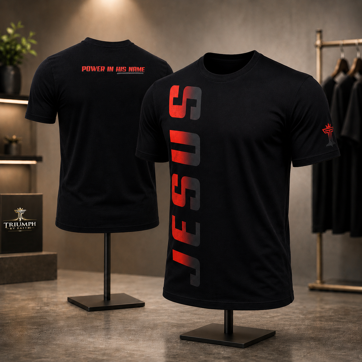 Red vertical Jesus t-shirt displayed on masculine mannequins with Power in His Name back detail