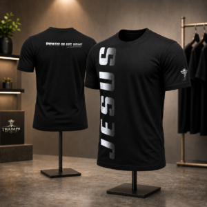 White vertical Jesus t-shirt displayed on masculine mannequins with Power in His Name back detail