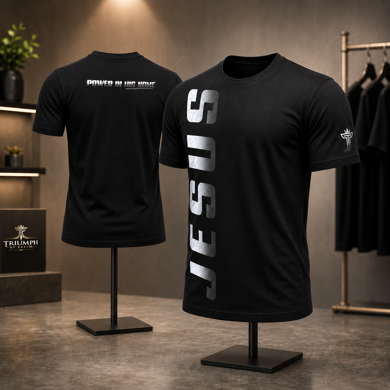 White vertical Jesus t-shirt displayed on masculine mannequins with Power in His Name back detail