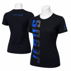 Jesus women’s t-shirt with blue vertical JESUS graphic, Power in His Name back detail, and sleeve emblem