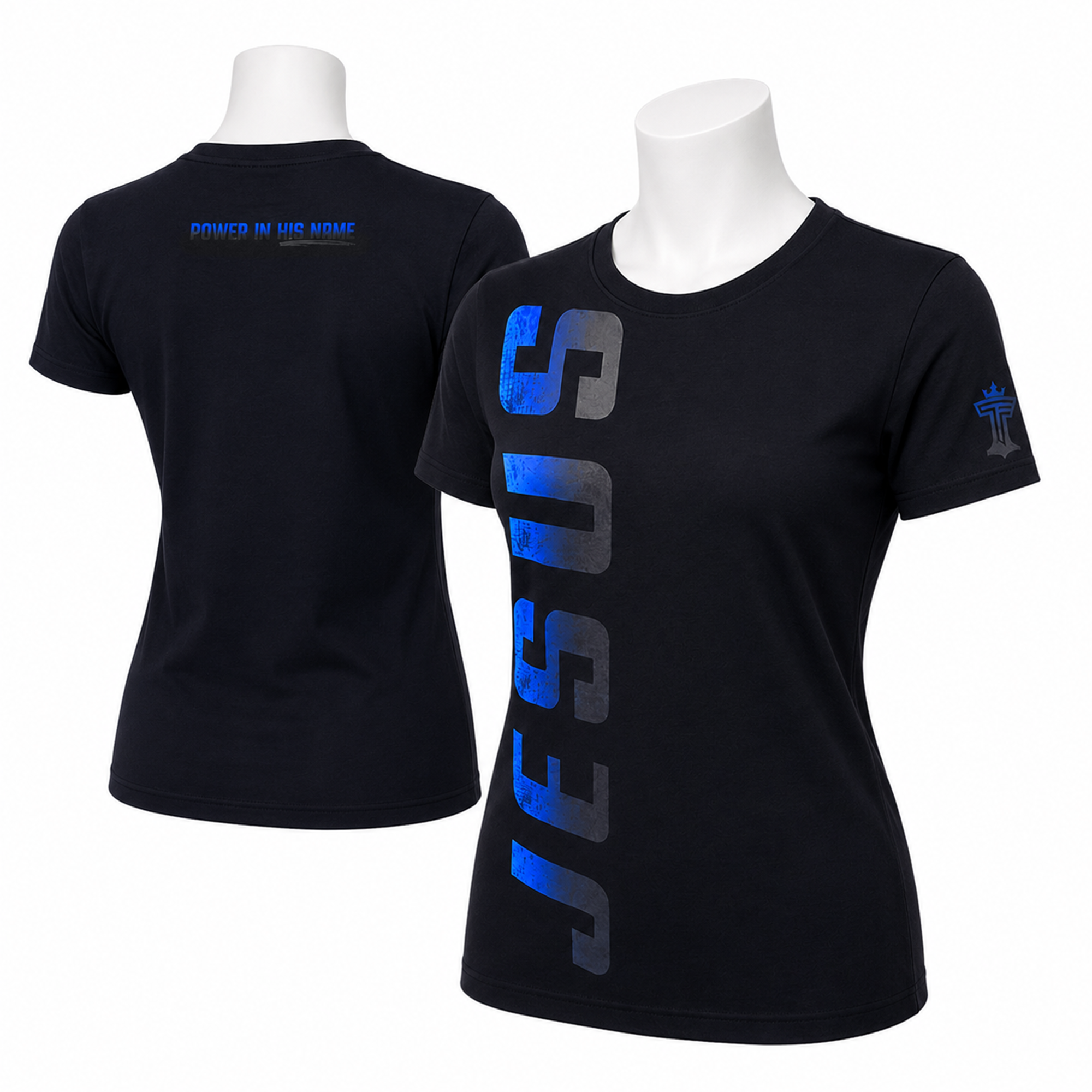 Jesus women’s t-shirt with blue vertical JESUS graphic, Power in His Name back detail, and sleeve emblem