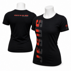 Jesus women’s t-shirt with red vertical JESUS graphic, upper back text, and sleeve emblem