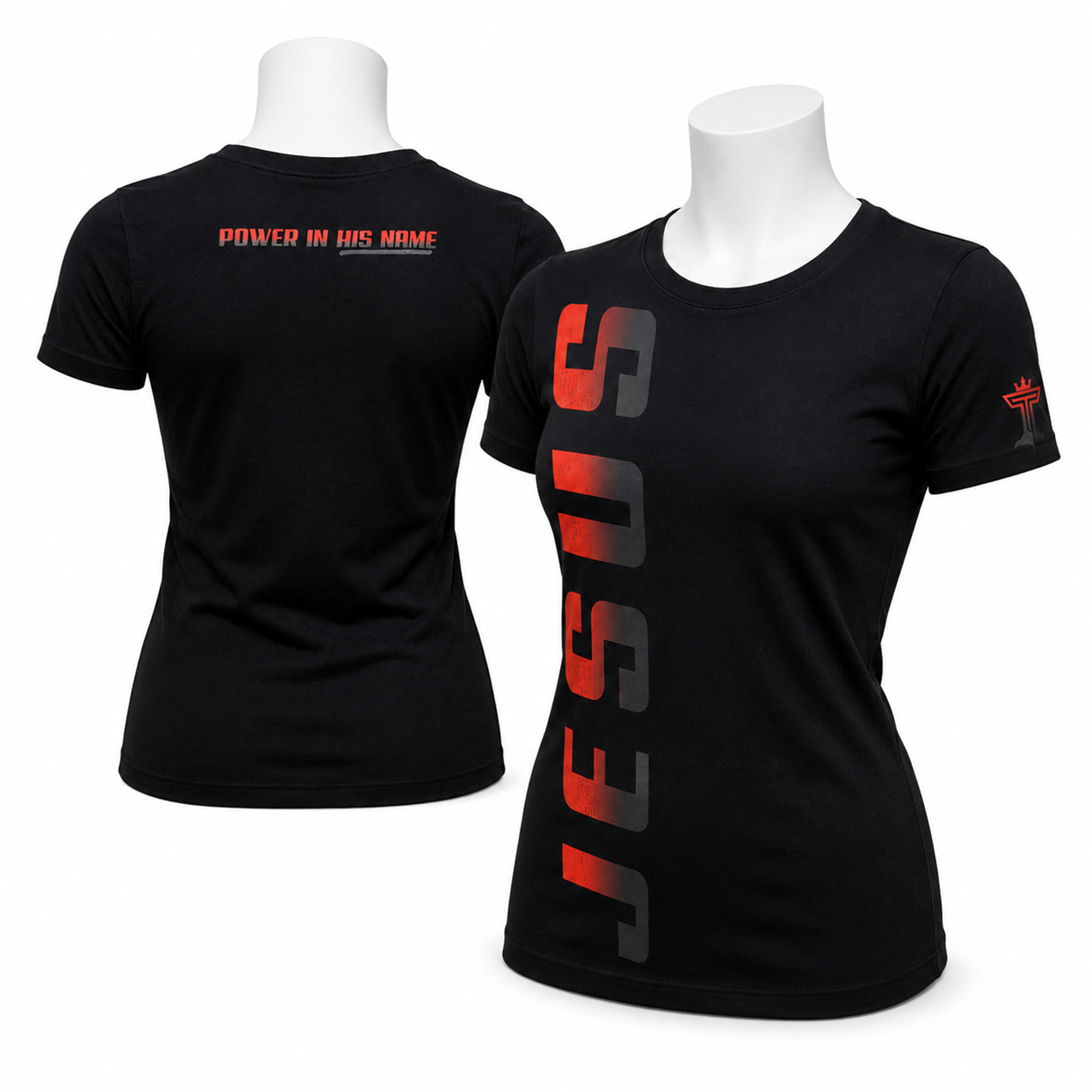 Jesus women’s t-shirt with red vertical JESUS graphic, upper back text, and sleeve emblem