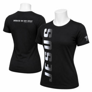 Jesus women’s t-shirt with white vertical JESUS graphic and Power in His Name back print