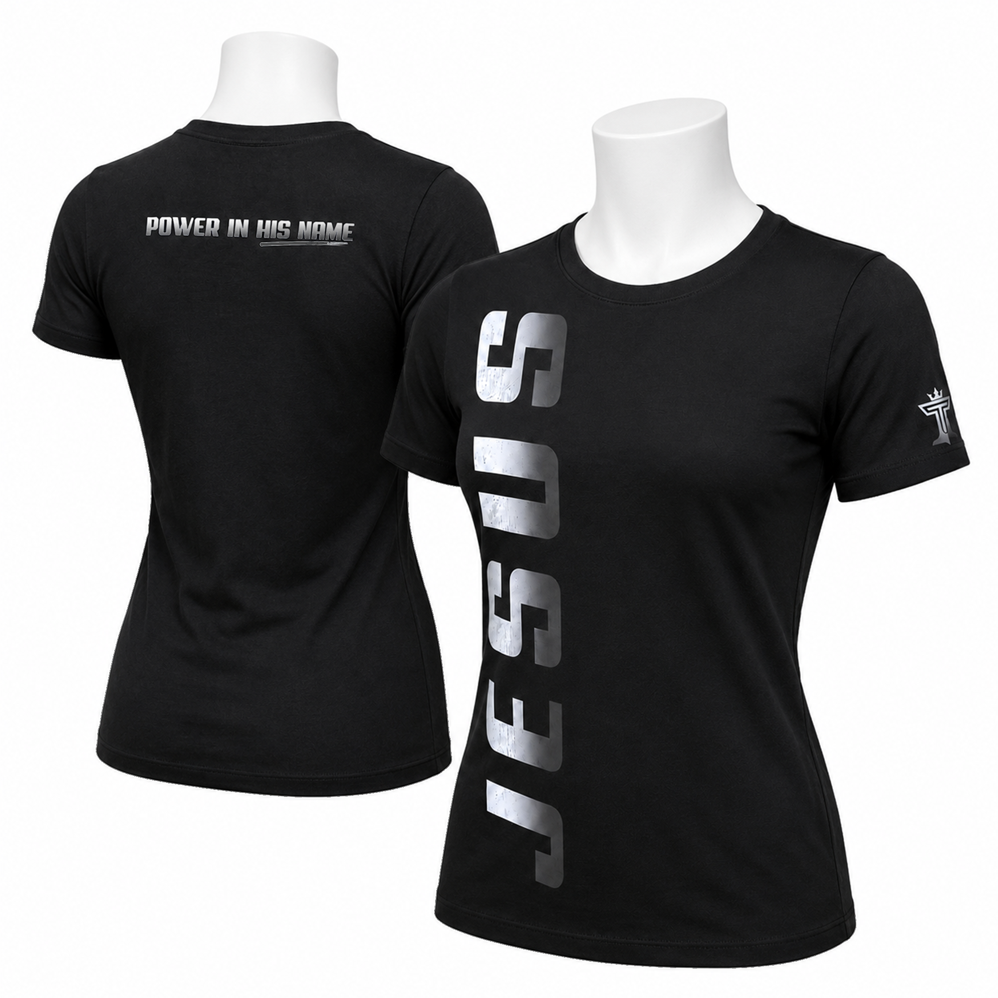 Jesus women’s t-shirt with white vertical JESUS graphic and Power in His Name back print