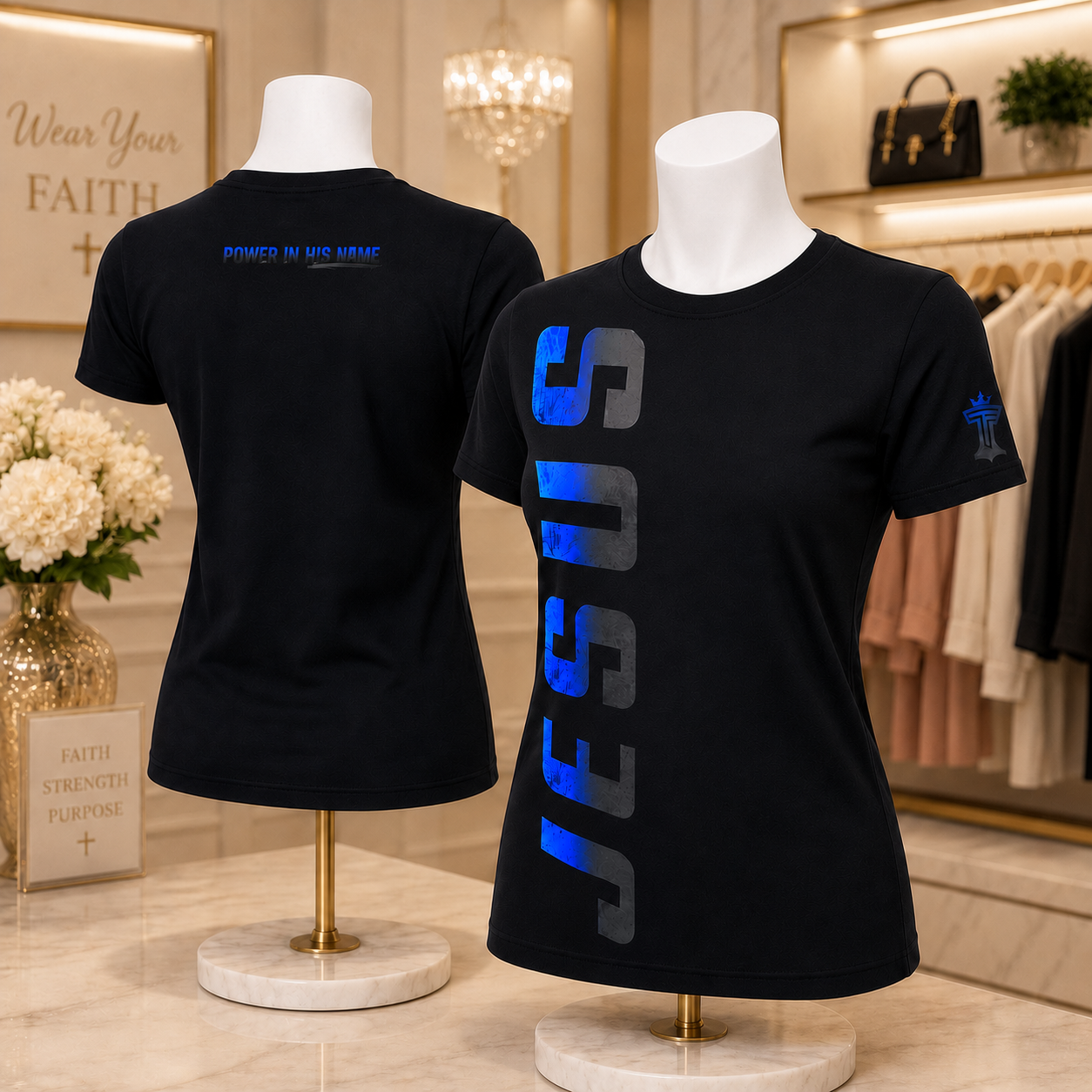 Jesus women’s t-shirt with blue vertical JESUS design displayed in boutique scene